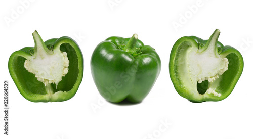 Ripe sweet pepper of a green color on a white background. Delicious, juicy, healthy green pepper Vegetable natural vegetables of rural production.