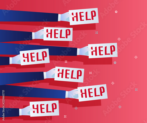 Concept of crisis. Businessman holding red sign boards with the word HELP.