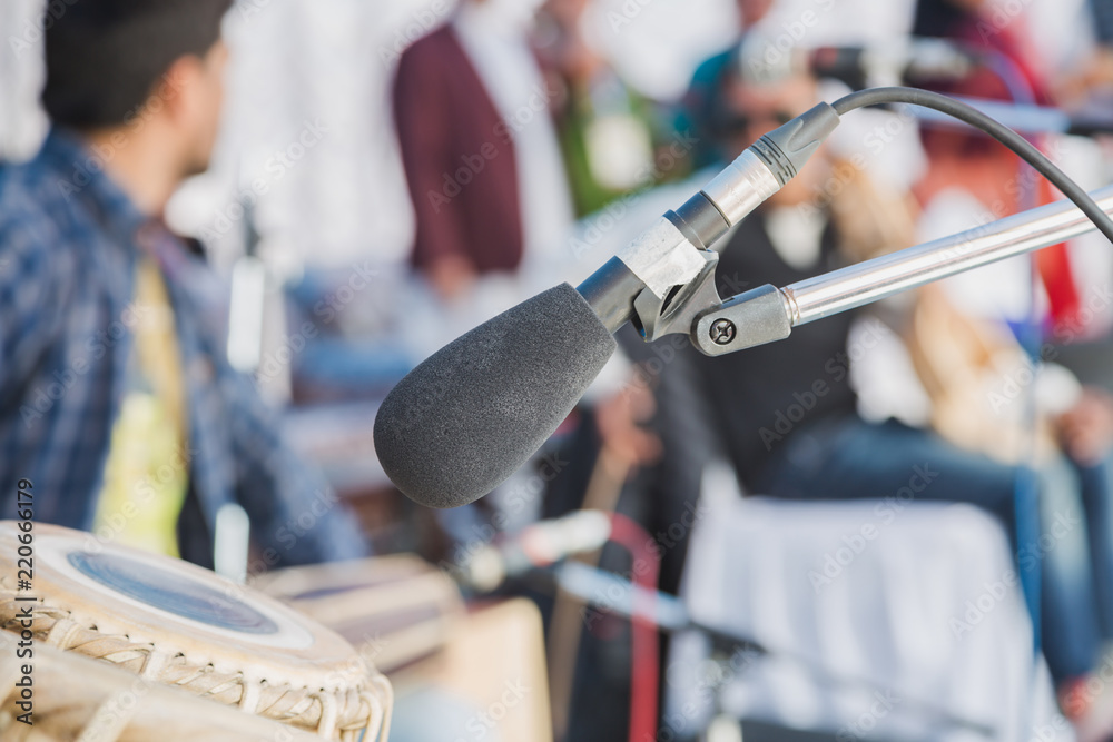 Naklejka premium Musical instruments with microphone stand in the Concert,close u