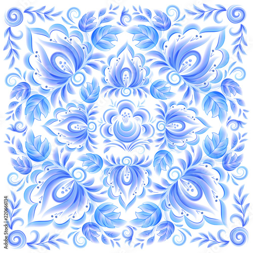 Bleu vector floral ornament pattern tile for napkin or shawl in Russian gzhel style