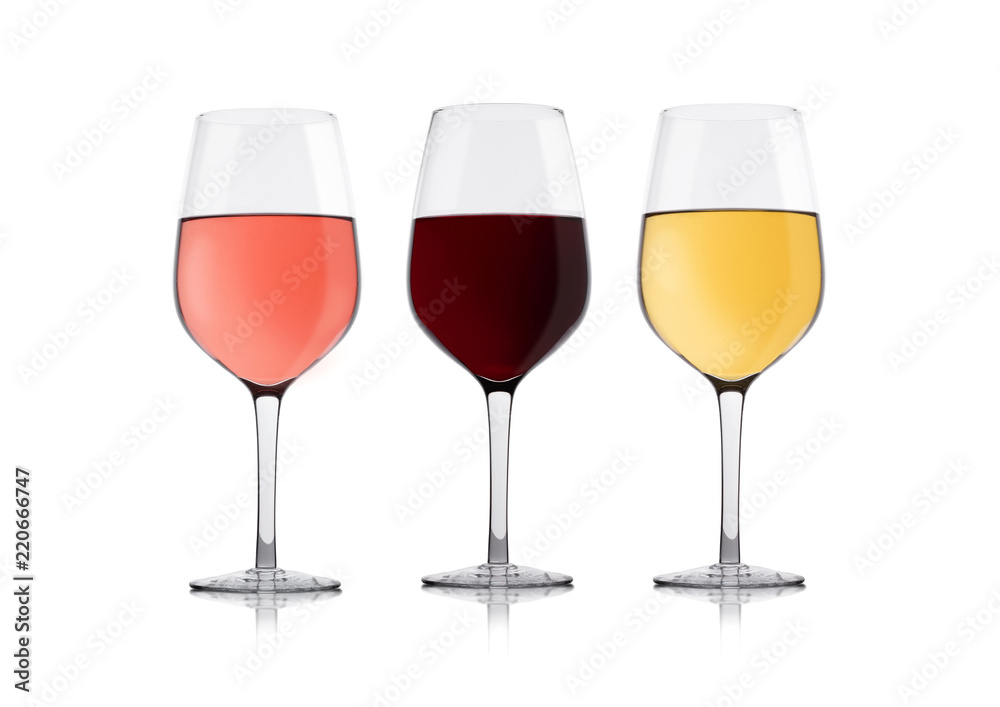 Glasses of white red and pink rose wine on white Glasses of white red and pink rose wine on white