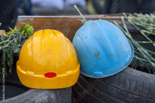 Protective helmets on barricades of euromaidan. Kiev. Ukraine photo