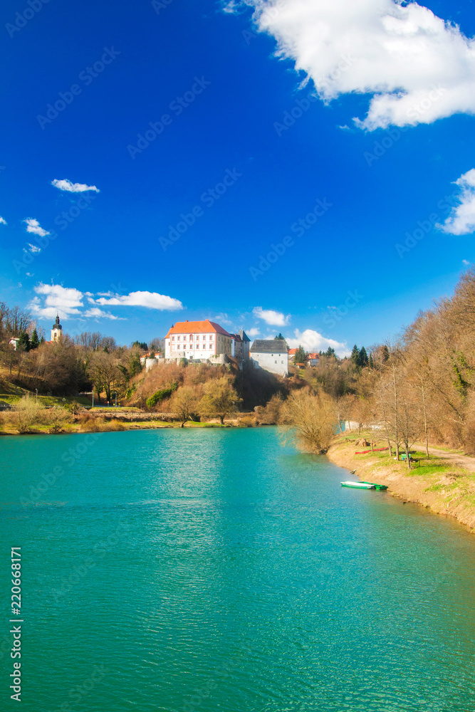 Ozalj Castle above the river Kupa, countryside landscape, Croatia 