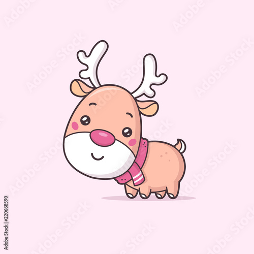 Cute Christmas reindeer vector illustration in kawaii cartoon style