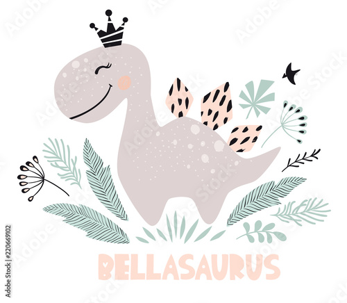 Dinosaur baby girl cute print. Sweet dino princess with crown. Cool stegosaurus illustration