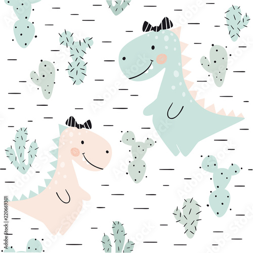 Dinosaur baby girl seamless pattern. Sweet dino princess with bow. Scandinavian cute print.