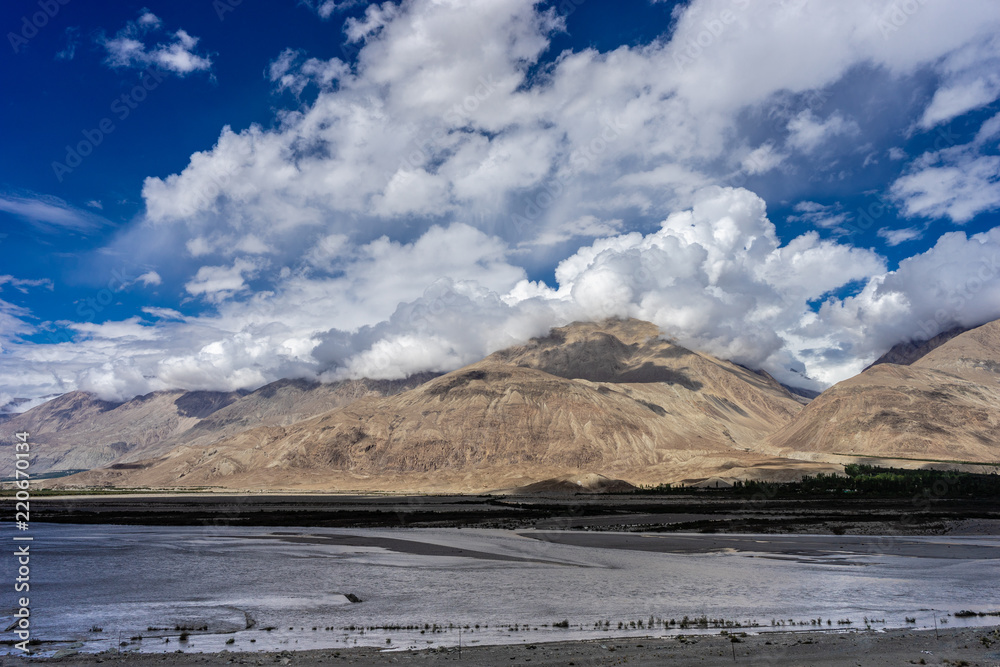 Nubra Valley and Shyok river view from Diskit Gompa Leh Ladakh, Jammu and  Kashmir, India Stock Photo