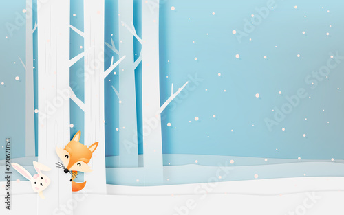 Cute fox in the wood with paper art style pastel scheme