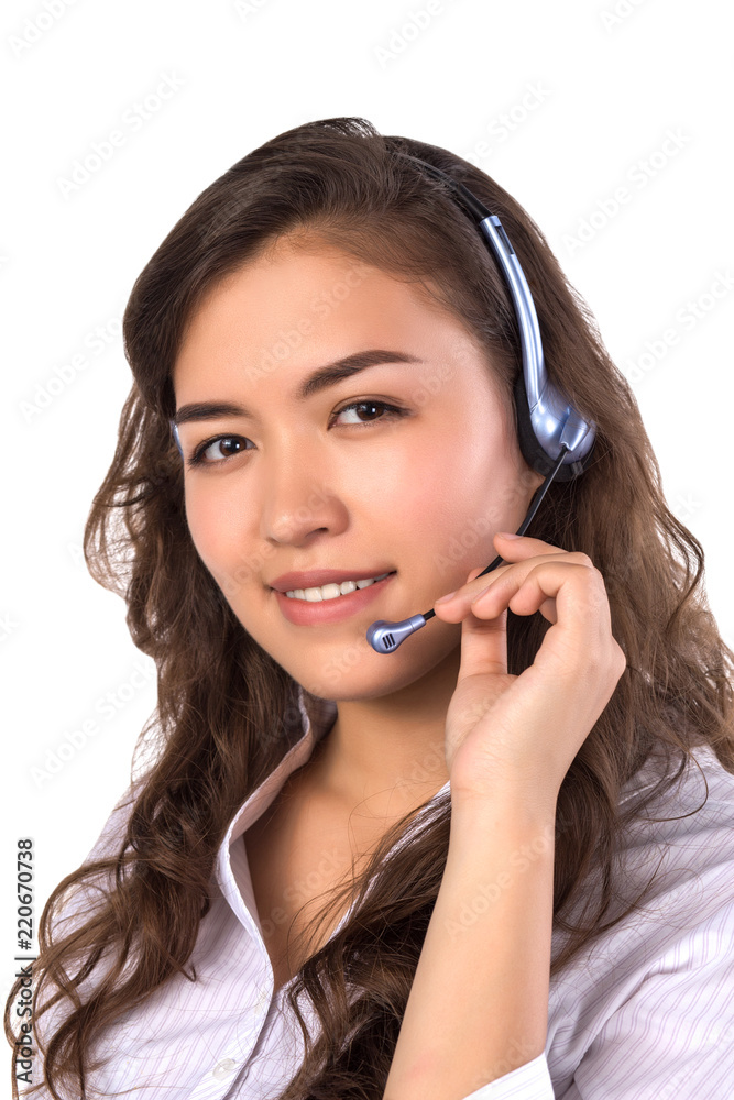 Portrait of happy smiling cheerful support phone operator in headset Portrait of happy smiling cheerful support phone operator in headset