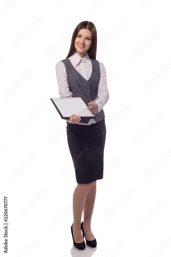 Smiling woman with clipboard offer to sign document Smiling woman with clipboard offer to sign document
