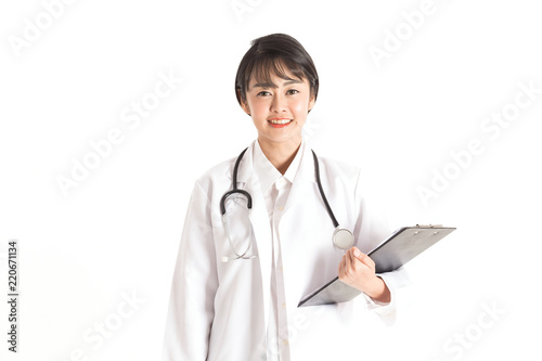 Beautiful Attractive Asian doctor woman with stethoscope holding document board and smile feeling so happiness and confident,Isolated on white background,Healthcare Concept