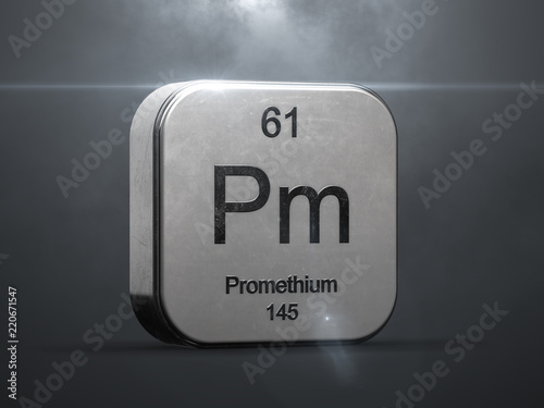 Promethium element from the periodic table. Metallic icon 3D rendered with nice lens flare