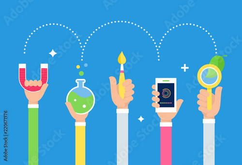 Steam Integrated Education Approach. Arts and Science. Students Holding Tools in Hands. Vector Design