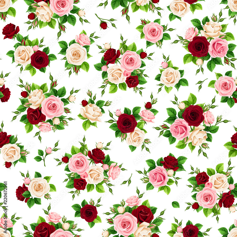 Vector seamless pattern with pink, burgundy and white roses on a white background.