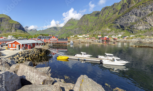 Fishing bay with boats and rorbu in small norvegian village