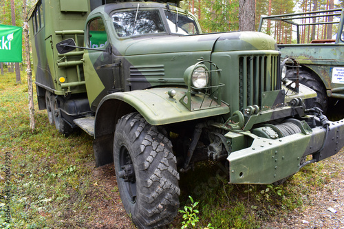 A military truck was exhibited in the forest during the FinnMetko display in Finland.