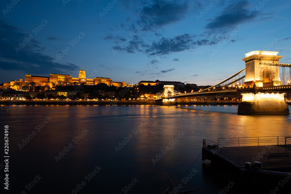 Chain bridge at night in Budapest, Hungary