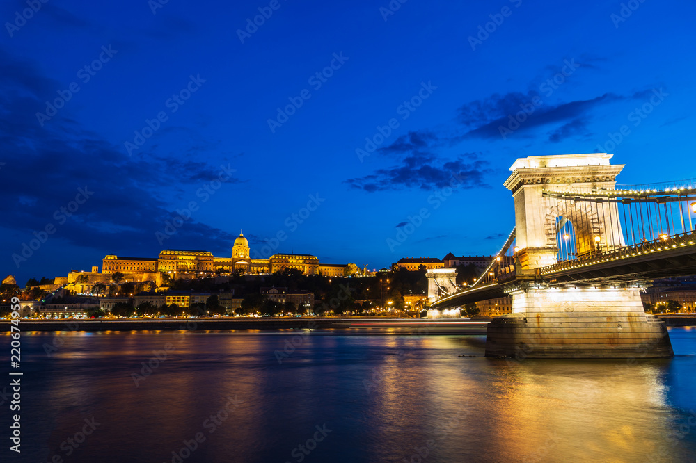 Chain bridge at night in Budapest, Hungary