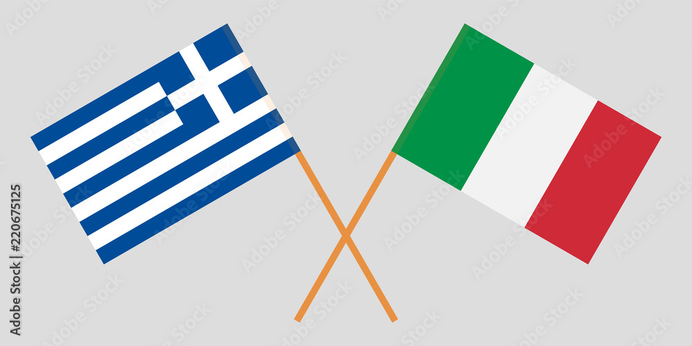 Greece and Italy. Crossed Greek and Italian flags. Official colors. Correct proportion. Vector
