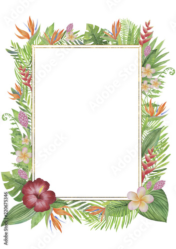 Bright polygonal tropical frame with fruits, flowers and leaves.