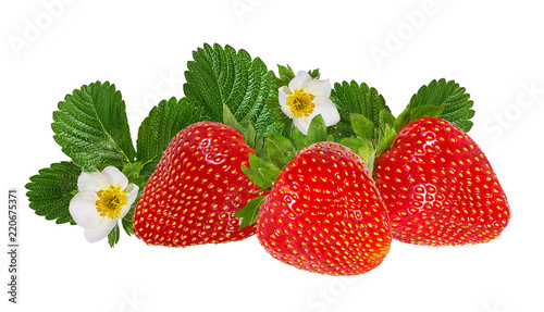 Fresh strawberry with leafs and flowers isolated on white background with clipping path
