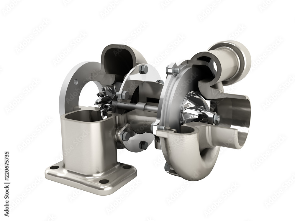 Automotive turbocharger turbine 3d render on white no shadow Automotive turbocharger turbine 3d render on white no shadow