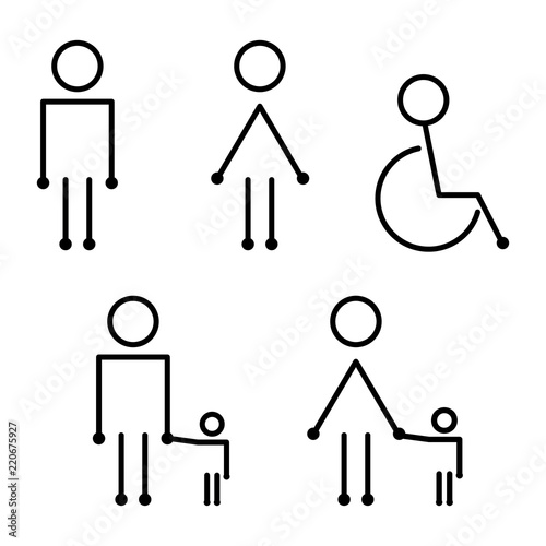 Wc restroom toilet line icons man woman wheelchair person. Line icons for Wc