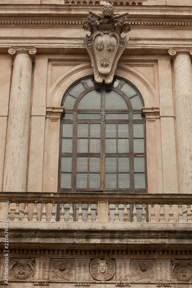 Rome, Italy - 2018 August 24: Balcony of Palazzo (Palace) Barberini with Coat of Arms