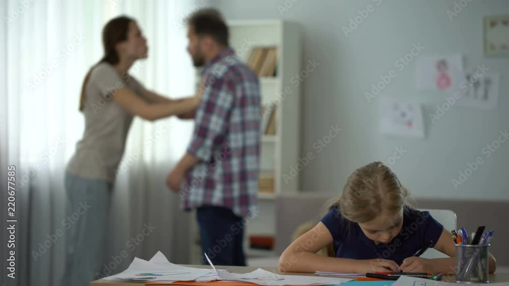Parents fighting at home, child growing in conflicts and aggression, divorce
