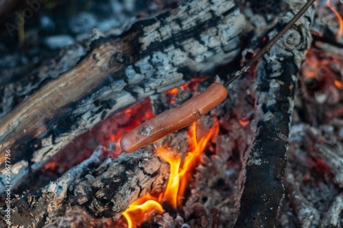 sausage on a stick fried on a fire in the woods