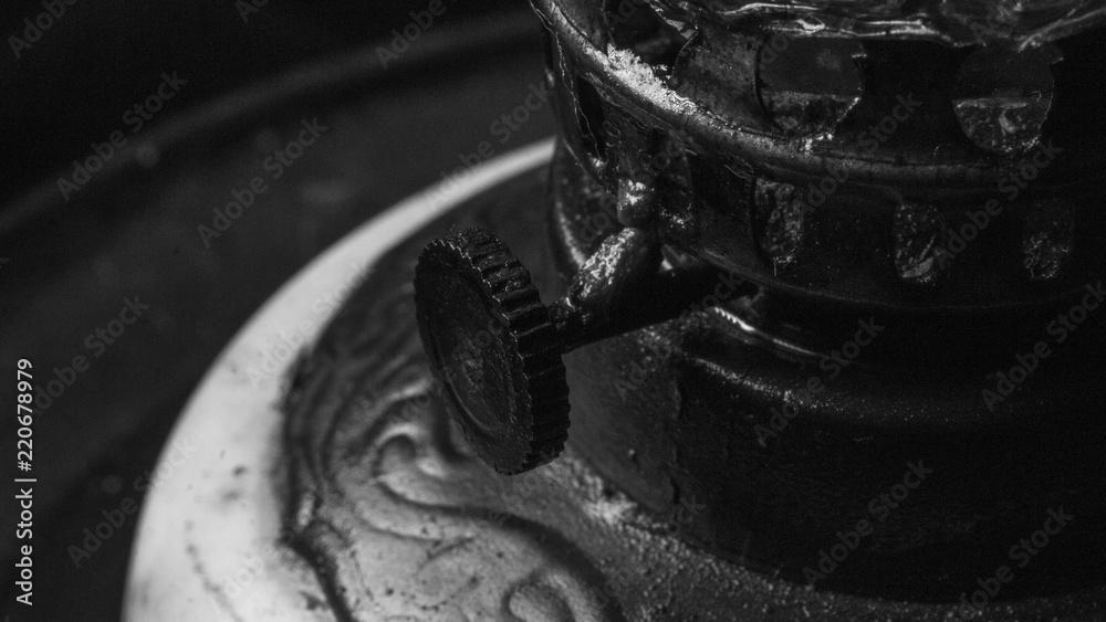 Retro vintage old oil lamp details close up in black and white
