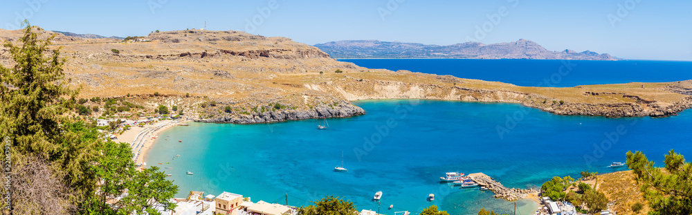 Panoramic view of beautiful bay of Lindos on Rhodes island. Greece