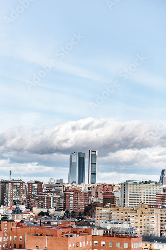 Residential area on background of skyscrapers in Madrid