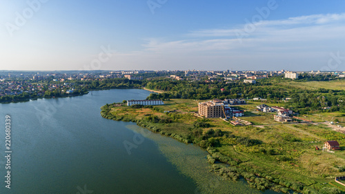 city at sunset from the drone