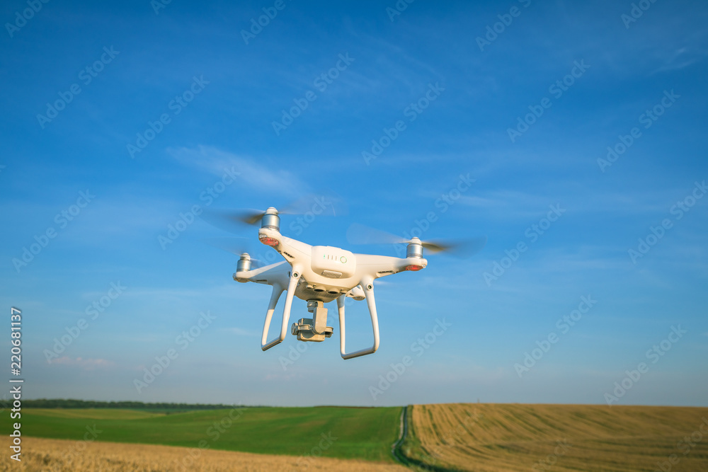 Obraz premium drone quad copter on yellow corn field