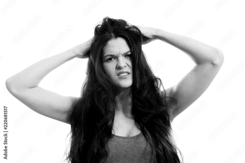 Young woman with problem hair. White background Young woman with problem hair. White background