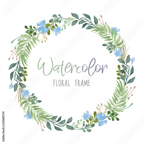 Vector romantic floral round frame with green leaves and blue flowers in watercolor style isolated on white background