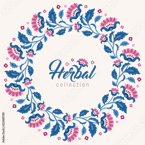 Jacobean style flowers, floral wreath frame for invitation template. Vector illustration. Jacobean floral, herbal collection, pink and blue flowers.