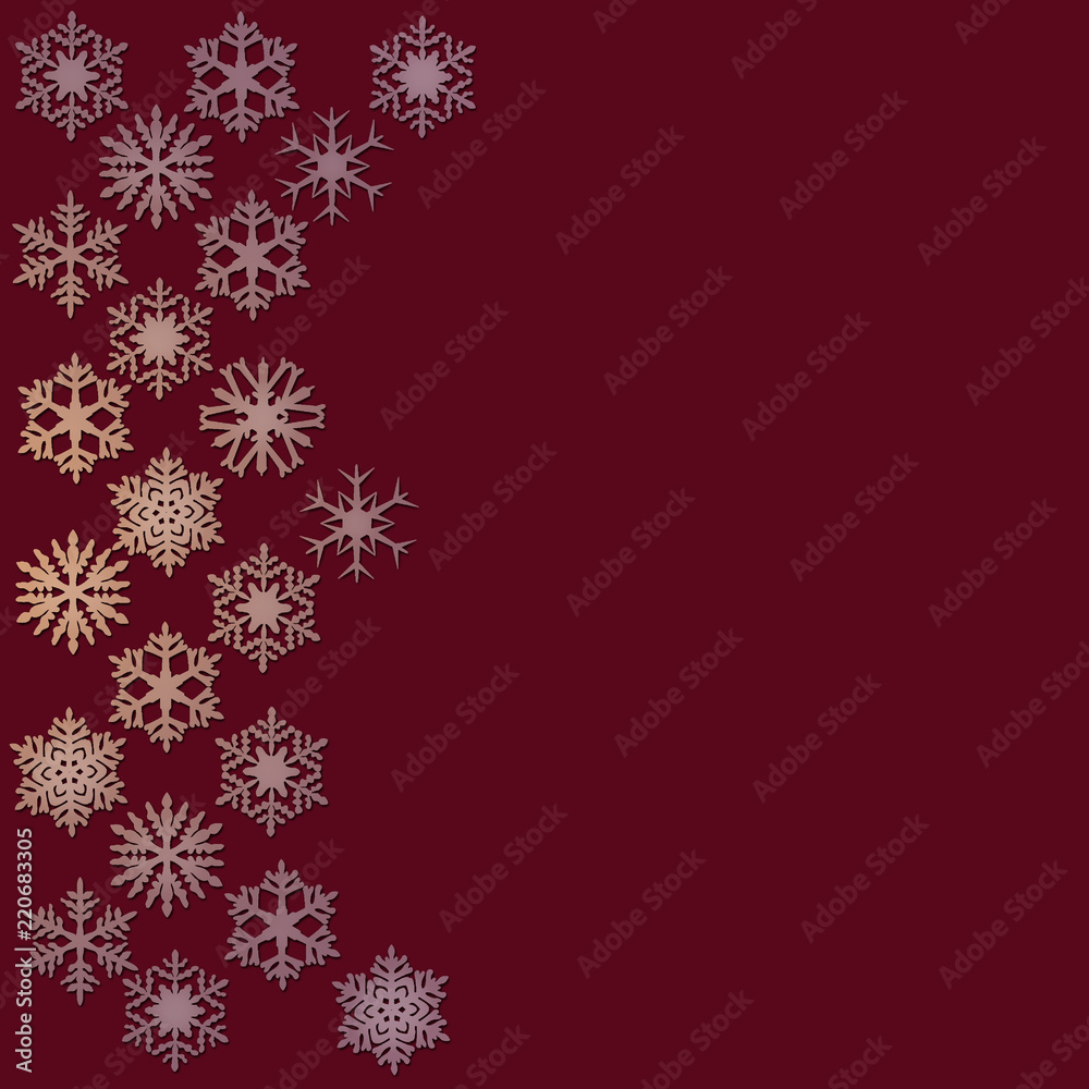Snowflakes at the left border on a dark red background Snowflakes at the left border on a dark red background