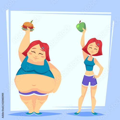 young woman with apple and fast food before and after weight loss program. Health concept. Funny cartoon character vector illustration.