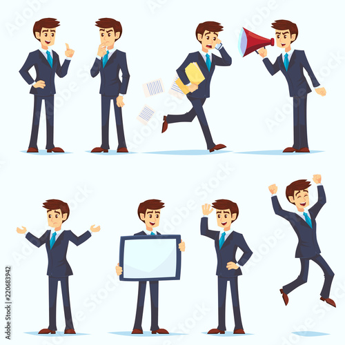 Ready-to-use cartoon character set. Young businessman in formal wear. Different poses and emotions
