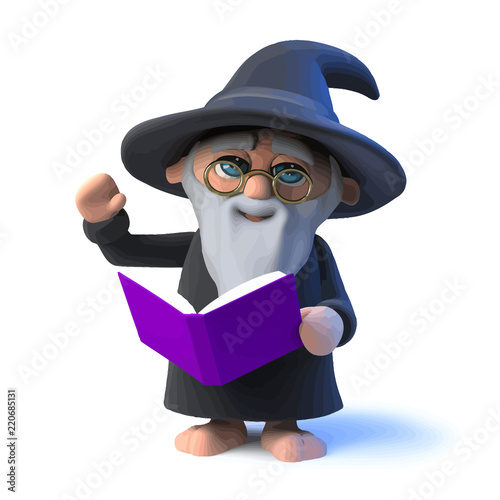 Vector 3d Funny cartoon wizard character reads from his book magic spells