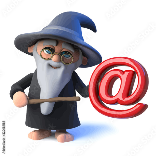 Vector 3d Funny cartoon wizard magician character has an email address symbol