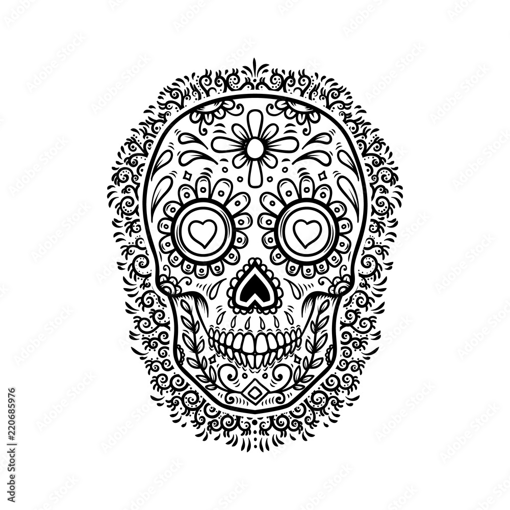mexican sugar skulls with floral pattern background. DAY OF THE DEAD. Design element for poster, greeting card, banner, t shirt, flyer, emblem.