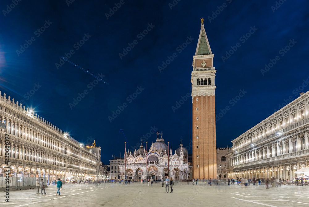 View of St. Mark's Square at night in Venice, Italy