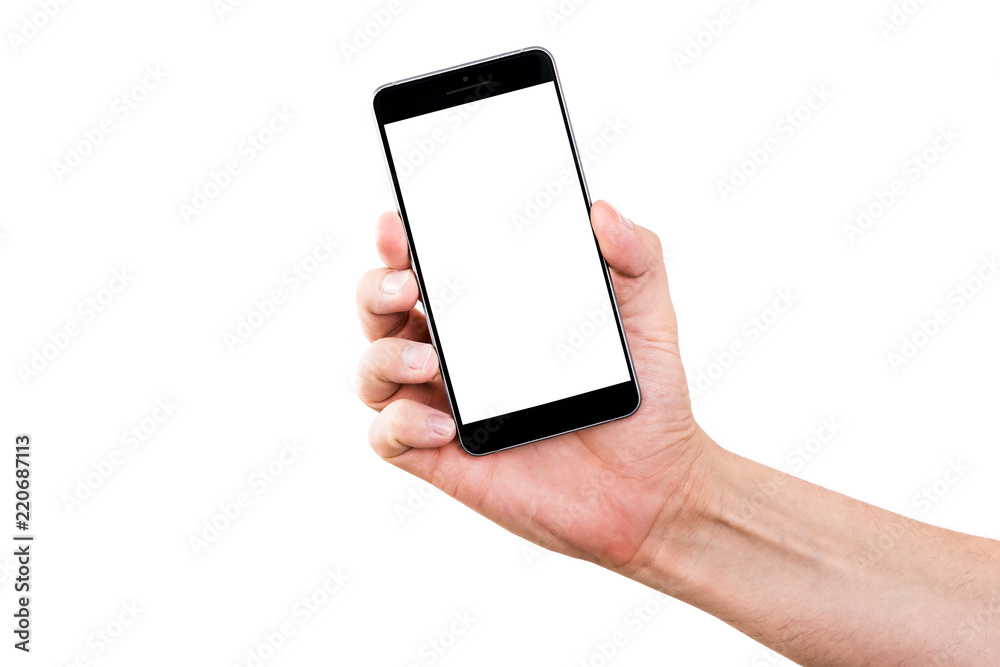 Mobile phone in hand. Black smartphone held by the hand isolated on a white background. Hand holding a black phone with a blank display, ready to be refilled.