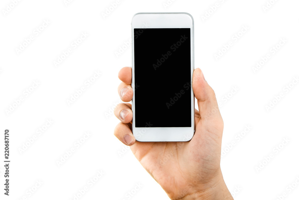 Phone in hand. White telephone with a black, blank display isolated on a white background. Content completion concept. Phone held by hand from the bottom. Phone in hand. White telephone with a black, blank display isolated on a white background. Content completion concept. Phone held by hand from the bottom.
