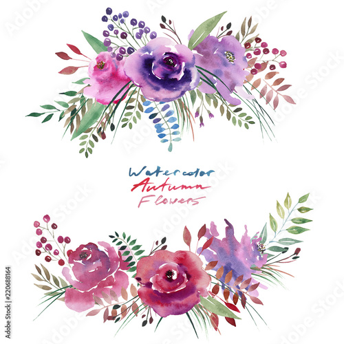 Cute beautiful bright autumn wonderful colorful herbal floral pink violet purple flowers with leaves and berries element watercolor hand illustration. Perfect for greetings card, textile, banners