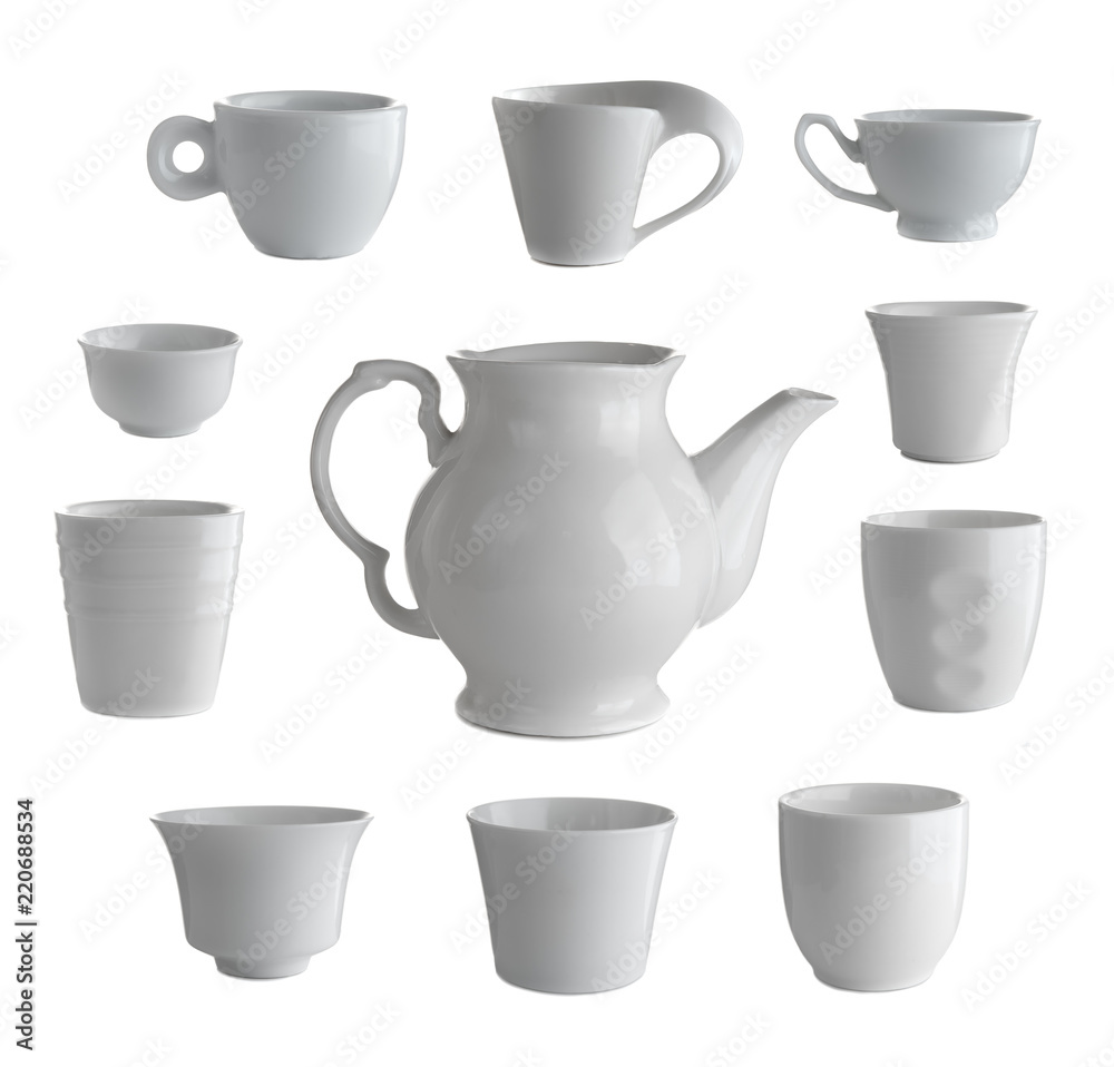 Set of cups and teapot isolated on white background