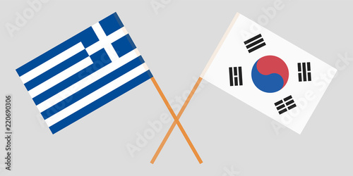 Greece and South Korea. Crossed Greek and Korean flags. Official colors. Correct proportion. Vector